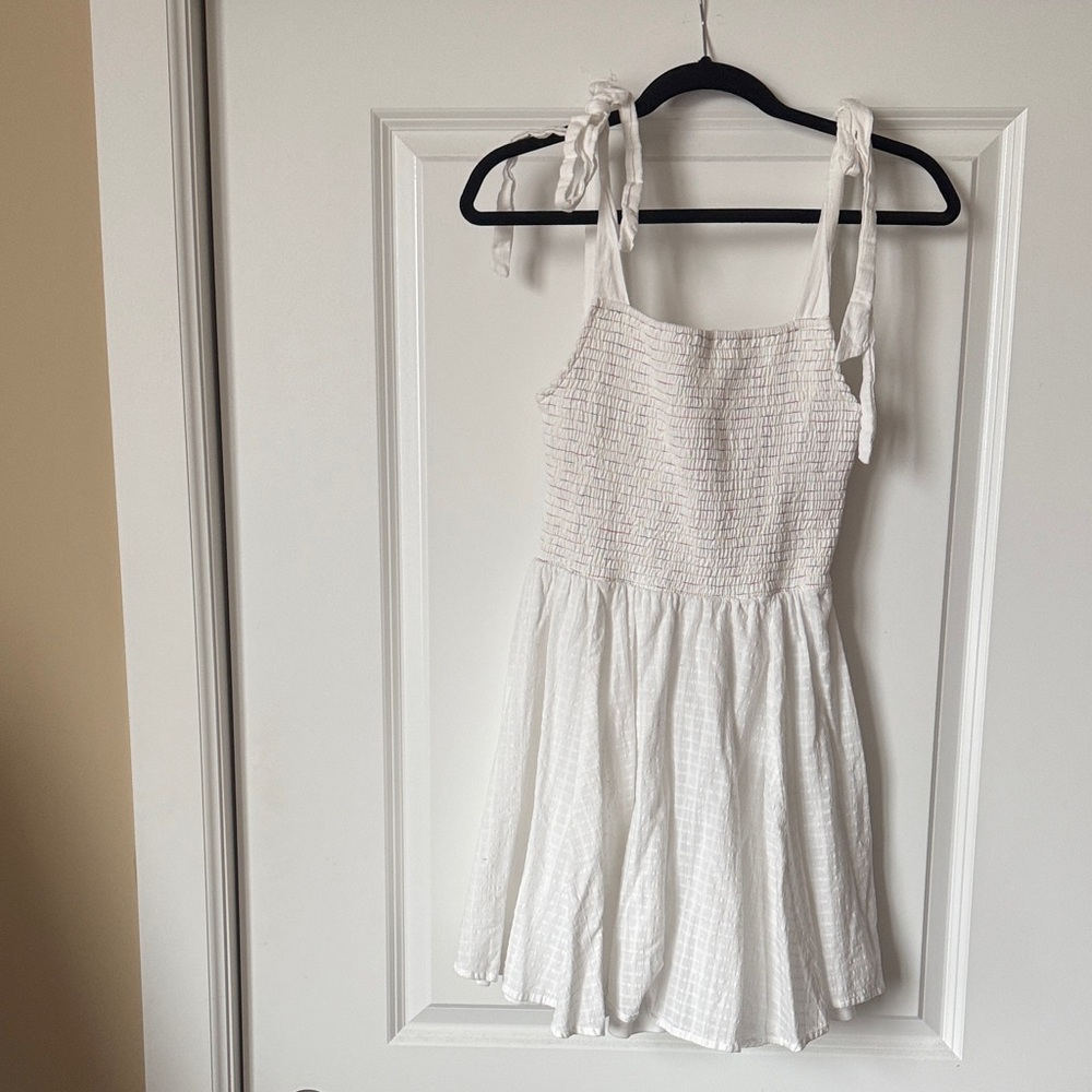 White Tie Strap Mini Dress Rainbow Ruching and Lined.